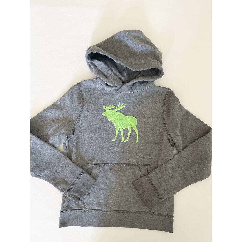 Abercrombie Kids Hoodie Boys XL Gray Moose Logo Fleece Pullover Kangaroo Pocket